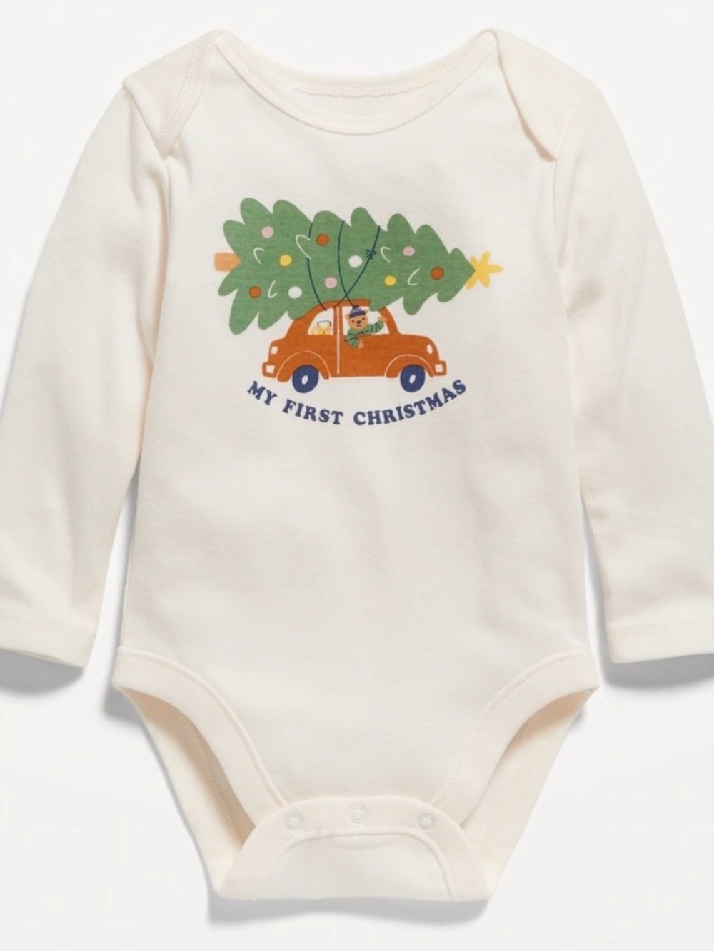 Old Navy Cream Long-Sleeve One-Piece with Green Tree and Orange Car Graphic